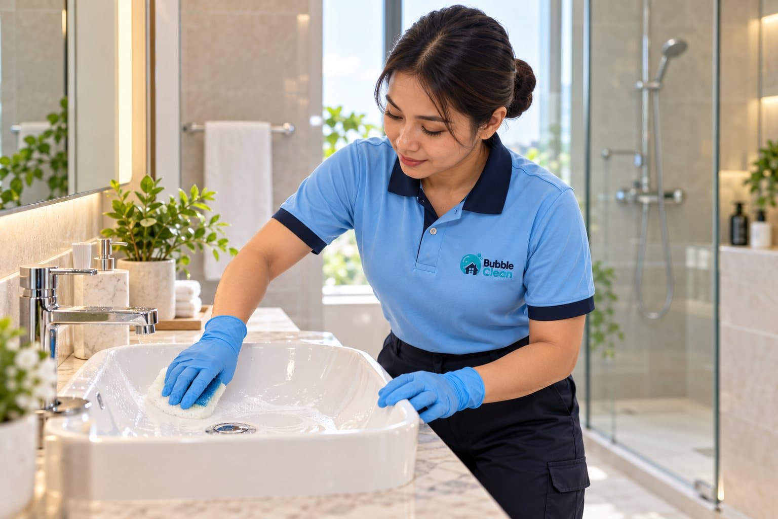 Bubble Clean cleaner scrubbing a bathroom sink