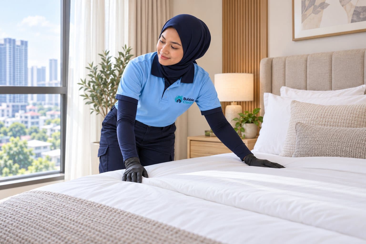 Bubble Clean cleaner making a bed with fresh linen