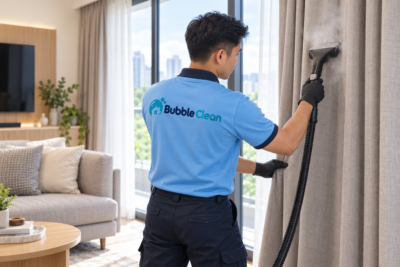 Bubble Clean technician steam-cleaning curtains