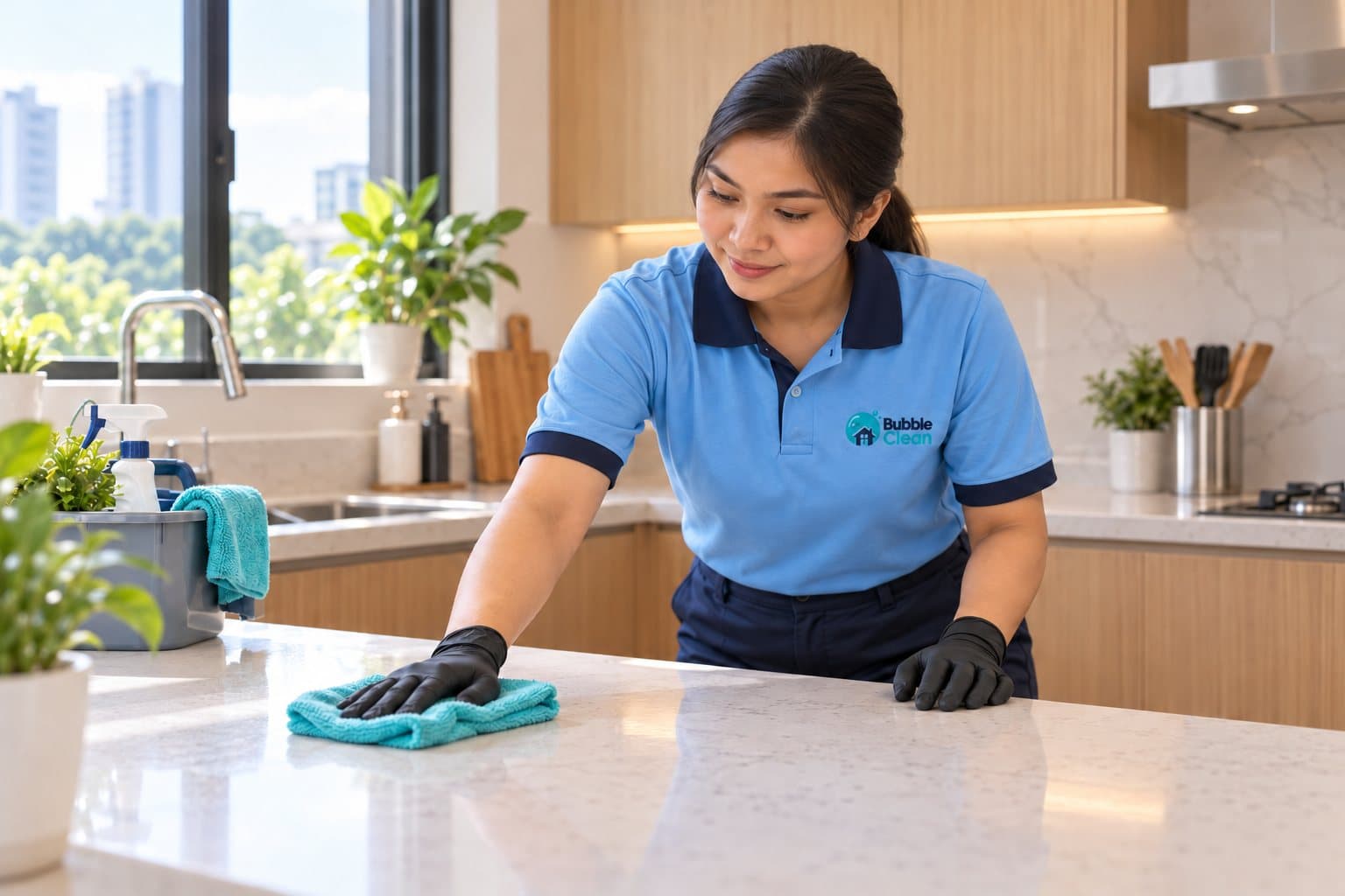 Bubble Clean cleaner wiping a kitchen counter