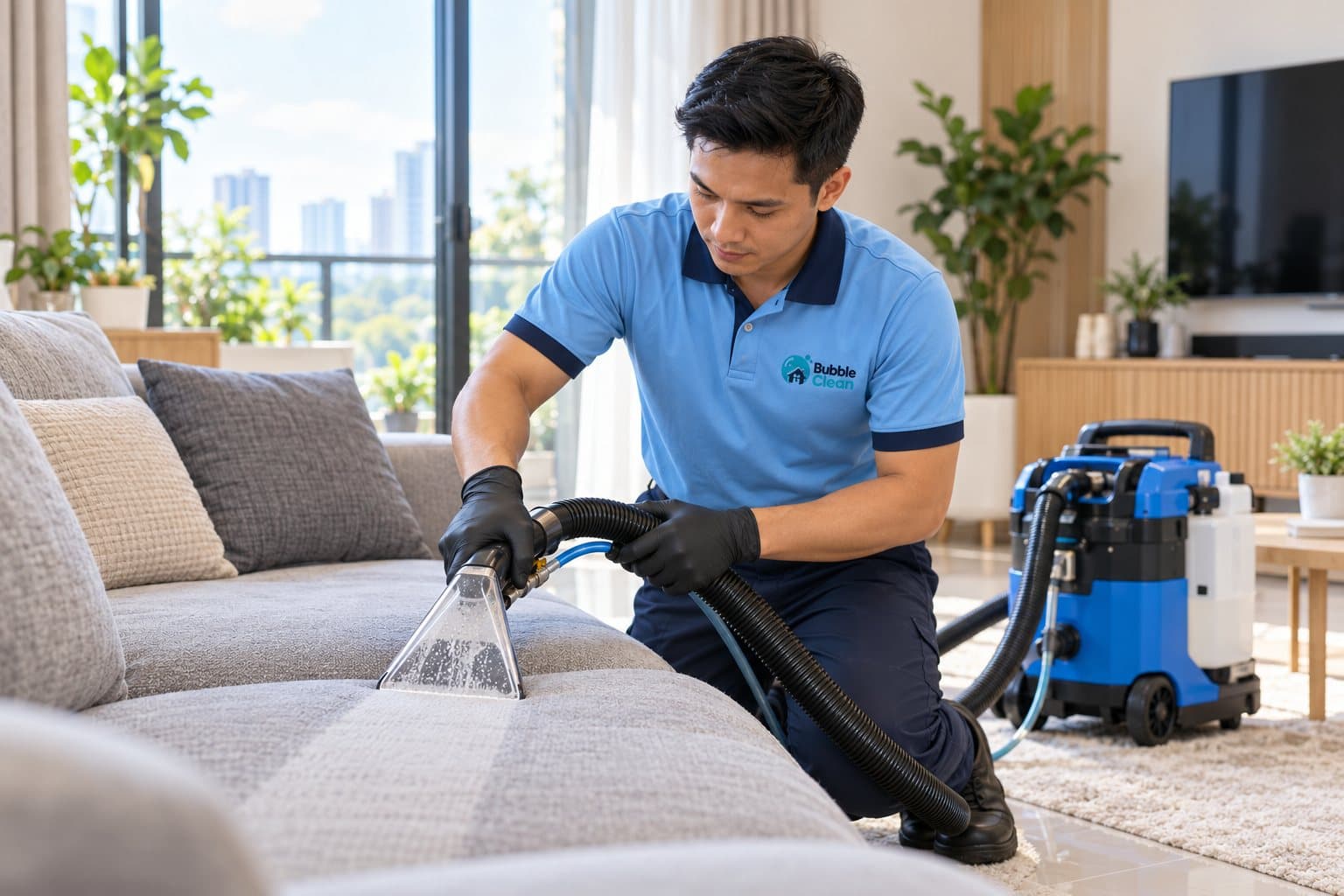 Bubble Clean technician deep-cleaning a fabric sofa